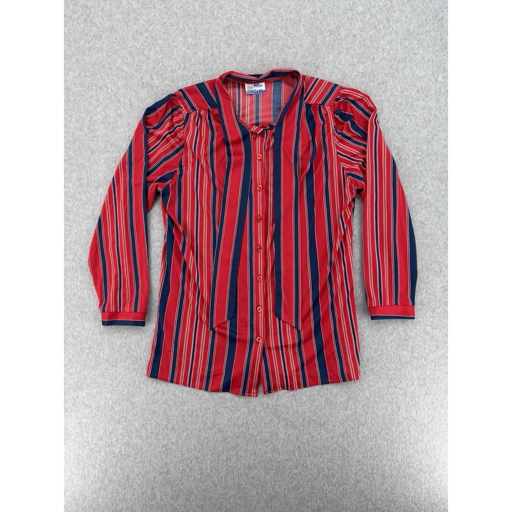Vintage Levi Strauss Tie Neck Secretary Blouse Red Blue Striped Womens 1970 1980
